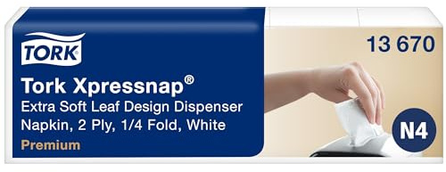 Tork Xpressnap Extra Soft Blätterdesign Weiße Spenderserviette N4, 1/4 falten, 2 lagig, 500 Servietten, 10.7cm x 16.5cm 13670