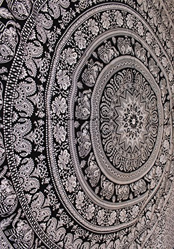Mango Gifts Indischer Elefanten-Mandala-Wandteppich, Hippie-Wandteppich, Wandbehang, indischer schwarz-weißer Wandteppich, Bohemian-Dekoration, Mandala-Wandteppich, Pyshedlischer Wandteppich, Hippie-Mandala-Wandteppich, Tagesdecke, Wanddekoration, Queen-Size-Größe 208,3 x 228,3 cm, Schwarz