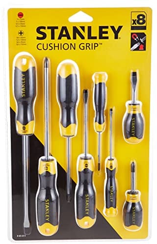 STANLEY 0-65-011 Lot de 8 tournevis plats - lame en acier anticorrosion - poignée soft-grip large, Jaune