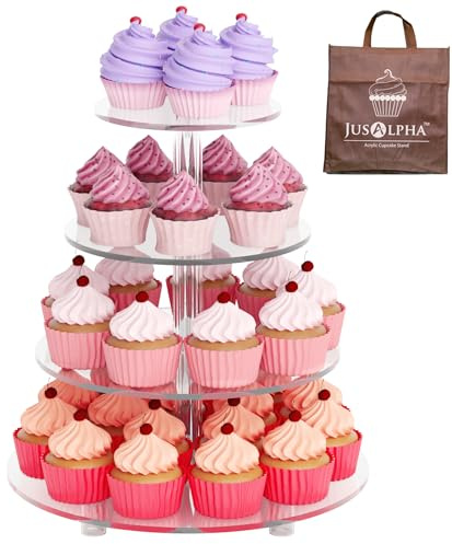 Jusalpha Large 4 Tier Cupcake Stand,Acrylic Round Cake Stand Dessert Tower Tea Party Serving Platter, Cupcake Tree Wedding Party Décor, Stand with Rod Feet (4RF)