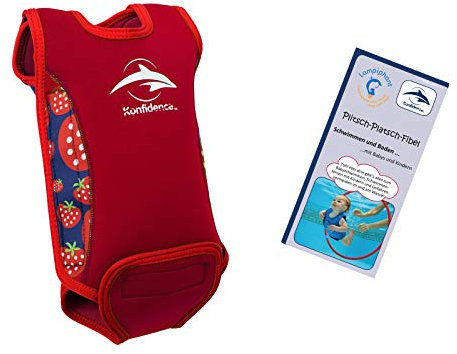 Lampiphant® + Konfidence Babywarma, Schwimm-Anzug mit Plitsch-Platsch-Fibel, Erdbeere, 6-12 Monate