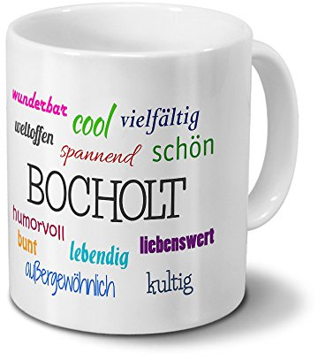 digital print Städtetasse Bocholt - Motiv Positive Eigenschaften - Stadt-Tasse, Kaffeebecher, Mug, Becher, Kaffeetasse - Farbe Weiß