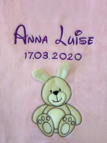 KIDDI-MEDIA Babydecke, Rosa, Hase, mit Name und Geburtsdatum | Bestickt, kuschelig weich
