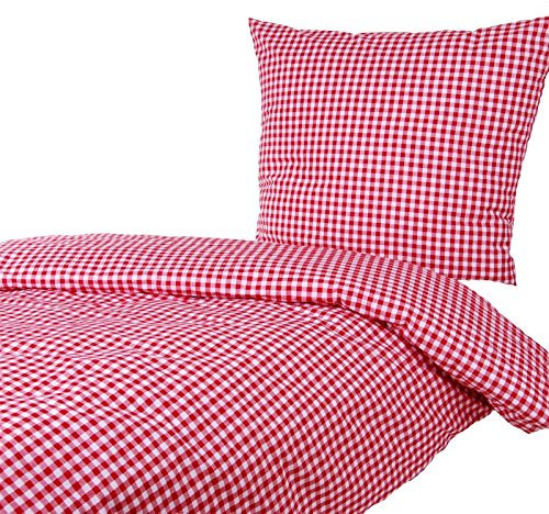 Hans-Textil-Shop Bettwäsche Karo 1x1 cm Baumwolle - Reißverschluss, Kariert, Karomuster, Landhaus, Bettbezug (Rot, 135x200 80x80 cm)