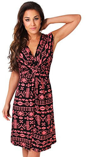 KRISP Women Aztec Print Knot Front Jersey Dress (Corall pink [6607], 8) , 6607-CORBLK-08