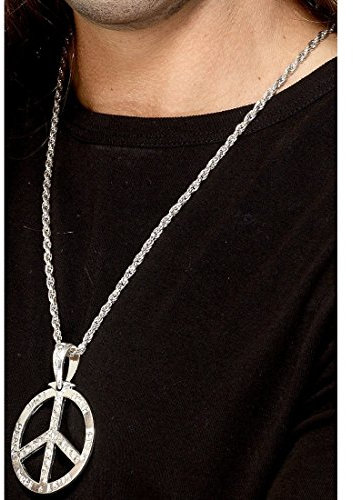 Amakando Hippie Halskette 70er Jahre Halsschmuck 44 cm Silberne Friedenskette Lange Peace Kette Karneval Accessoires Mottoparty Schmuck 60er Jahre Silberkette