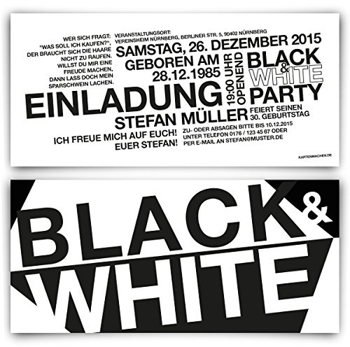 Kartenmachen.de Einladungen (10 Stück) zum Geburtstag Schwarz Weiß - Black & White Party Einladungskarten