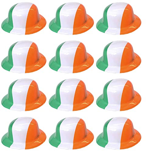 Adults Irish Hat - Plastic Green, White & Orange Irish Flagbowler Hat - Mens Womens St Patricks Day Ireland Hat Party Fancy Dress Accessory - Pack of 12
