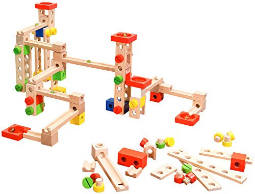 Playtastic Murmelbahn Holz: Kugelbahn-Bausatz aus Holz, 50-teilig (Murmelbahn Holz Bausatz, Kugelbahn Kinder, Holzeisenbahn)