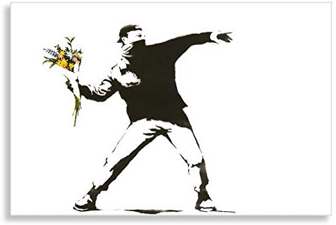 Banksy Druck auf leinwand Banksy-Bilder Graffiti - Bild 60x40 cm Flower Riot ! Bild fertig auf Keilrahmen ! Pop Art Gemälde Kunstdrucke, Wandbilder, Bilder zur (60x40 cm)