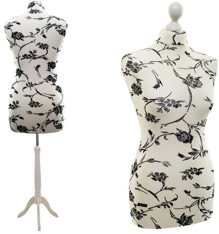 LUCCESI Schneiderpuppe | Zum Probierpreis! | Größe weiblich S - XL (Female ♀) | Torso S (34-36) | Wechselbezug Creme-Weiss/florales Muster (schwarz) | Standfuss Weiss | Damen Schaufensterpuppe