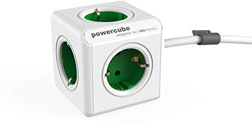 allocacoc PowerCube Extended, Ladrón multiple con 5 enchufes en forma de cubo (blanco y verde)