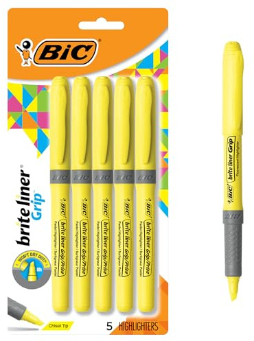 Bic Brite Liner Grip Textmarker, Blau, 12 Stück gelb 5-Count