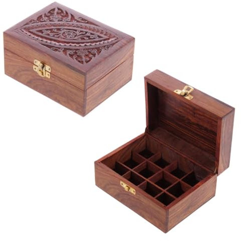 Puckator Sheesham Wood Essential Oil Box Design 1 (Holds 12 Bottles) - Pretty Wood Storage Box Boxes For Diffuser Pure Essential Oil Nail Polish Aromatherapy - Indian Home Decor