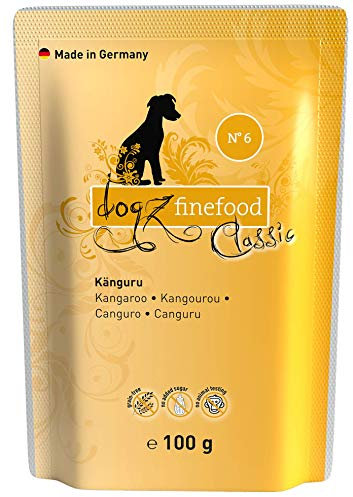 dogz finefood Hundefutter nass - N° 6 Känguru - Feinkost Nassfutter für Hunde & Welpen - getreidefrei & zuckerfrei - hoher Fleischanteil, 12 x 100 g Beutel