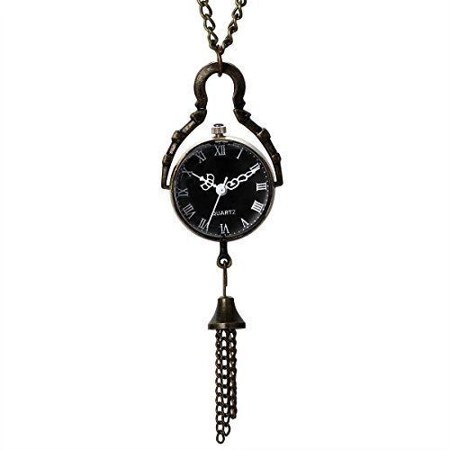 JewelryWe Herren Damen Taschenuhr, Retro Konkav und Konvex Spiegel Runde Uhr Anhänger Analog Quarz Kettenuhr Pullover Halskette Kette mit Schwarz Römischen Ziffern Zifferblatt