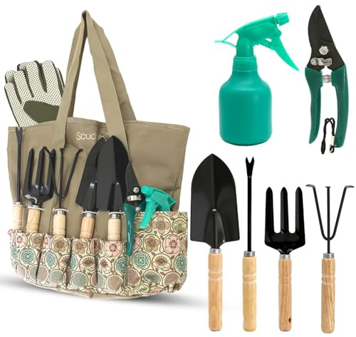 Scuddles 8-Piece Garden Tool Set with Bag, Stainless Steel Tools, Wooden Handles and Soft Poly-Cotton Gloves for Planting, Pruning and Home Gardening