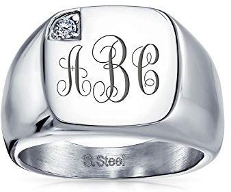 Bling Jewelry Personalisierter Herrenring Mit Zirkonia Akzent Monogramm Initialen Statement Siegelring Für Männer Silberfarbener Edelstahl Individuell Graviert