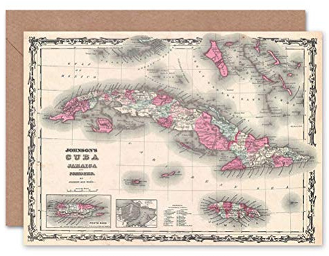 Wee Blue Coo 1862 JOHNSON MAP CUBA AND PORTO RICO BIRTHDAY BLANK GREETINGS CARD