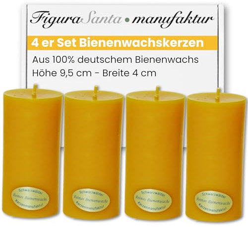 Figura Santa® Bienenwachskerzen Adventskerzen 4er Set Kerzen Adventskranz Stumpenkerzen aus 100% Bienenwachs-Weihnachtskerzen | Größe: 9,5 x 4 cm lange Brennndauer ca. 19 h
