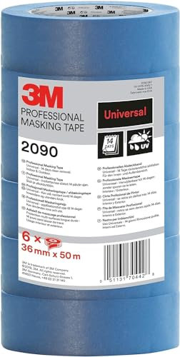 3M Pro 2090TA 3M Cinta de enmascarar Profesional 2090, multisuperficie, 6 Rollos, 36 mm נ50 m, Azul, 36 mm x 6, Set de 24 Piezas