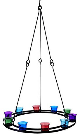 Single Tier Tea Light Chandelier (Black Frame - Multi-Coloured Glass)