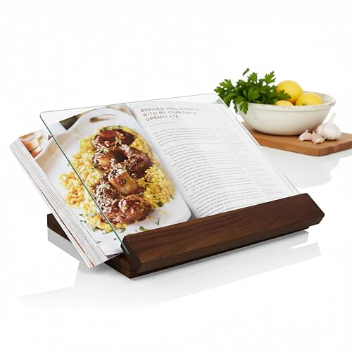PICNIC TIME Fabio Viviani Prodigio Cookbook Stand with Tempered Glass, Recipe Stand, Kitchen Cookbook Holder, (Acacia Wood)