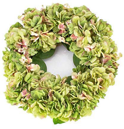 artplants.de Sommerlicher Hortensienkranz aus künstlichen Blumen auf Rattan, grün-rosa, Ø 35cm - Deko Kranz für Tür, Tisch oder Wan