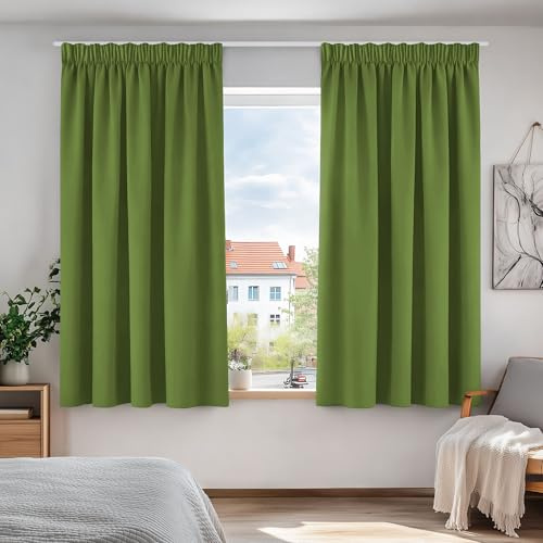 Deconovo Set of 2 Office Curtains, Thermal Insulation, Anti-Cold, Bedroom, Blackout Curtain, Living Room, Balcony, Decoration with Ruffled Trim, Green, 168 x 138 cm