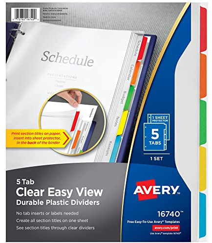 Avery Clear Easy View Durable Plastic Dividers, 5-Tab, 1 Set