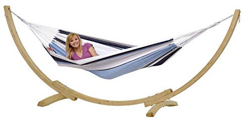 AMAZONAS Hängematten-Set Salsa L-Size mit Apollo Holzgestell | Wetterfestes EllTex-Material, FSC-zertifiziertes Fichtenholz | Perfekt für Entspannung im Garten, Belastbar bis 150 kg | Farbe: Marine