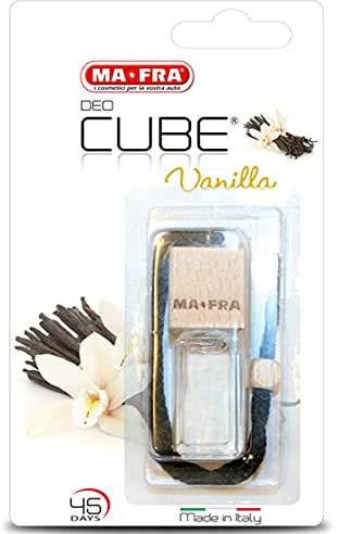 Ma-Fra, Deo Cube Vanilla, Profumatore per Auto, Fragranza alla Vaniglia, Rinfresca Abitacolo e Piccoli Ambienti, Design Elegante a Forma di Cubo e Tappo in Legno, Profumazione a Lunga Durata, 5ml