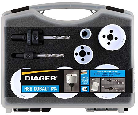 Diager, Mallette Scie Cloche Special Electricien Composition 22-40-54-65-68-73 2 Adaptateurs Hexa avec Foret Centreur