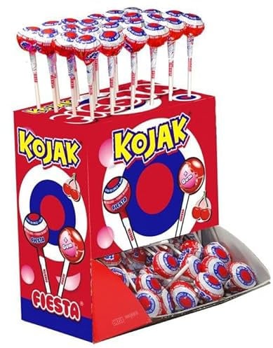 Fiesta Chupete Kojak relleno Bubble Gum Cereza. Caja de exhibición de 100