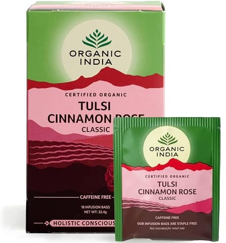 Organic India Tulsi Cinnamon Rose Tea, Caffeine-Free Herbal Infusion, Certified Organic Holy Basil, Rose & Ceylon Cinnamon, 18 Tea Bags