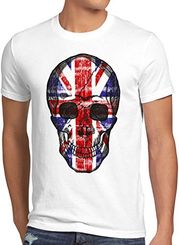 style3 Great Britain Skull Herren T-Shirt Totenkopf England Flagge Oberteil Union Jack Kostüm, Größe:L, Farbe:Weiß
