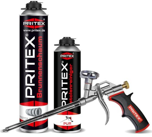 PRITEX – Brunnenschaum Set aus 1 x 750 ml Pistolenschaum + 500 ml Pistolenreiniger + Schaumpistole – Bauschaum zur Montage von Brunnenschachtringen & Rohrelementen
