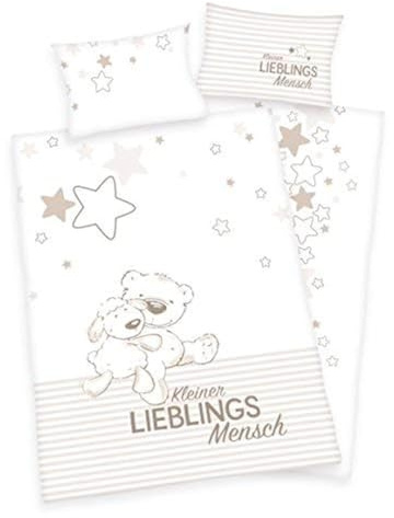 Arle-Living 3 TLG. Baby Bettwäsche Wende Motiv: Kleiner Lieblingsmensch - Flanell 100x135 cm + 40x60 cm + 1 Spannbettlaken 70x140 cm (mit Laken: weiß, Flanell)