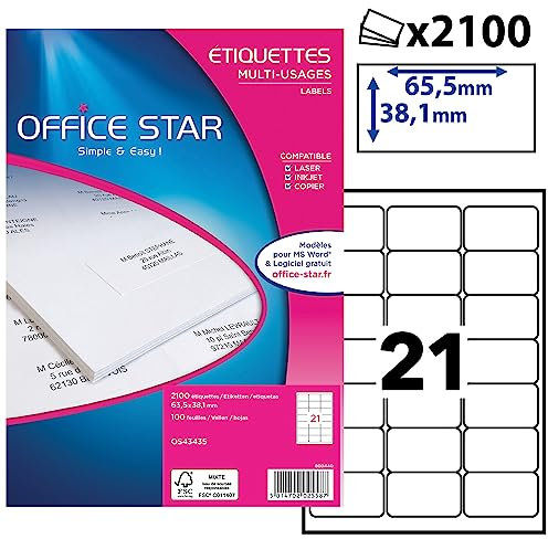 OFFICE STAR - 2100 Étiquettes Autocollantes Multi-Usages Blanches Personnalisables Imprimables - Format 63,5 x 38,1 mm - Impression Laset Jet d'Encre et Copieur