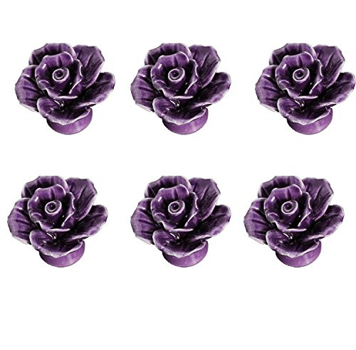 FBSHOP(TM) Purple 6PCS 40mm Lovely Rose Flower Ceramic Door Knob Handle Pull Knobs for Children's Kid's Room Drawer,Cabinet,Chest, Bin, Dresser, Cupboard, Etc with Screws