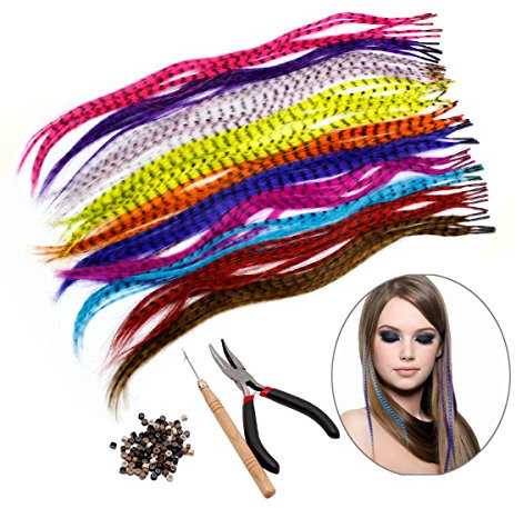 HQdeal Synthetic Hair Extension Kits with 52 Synthetic Assorted Colors Stick Tip Hair Extensions, 100 Beads, Pliers and Hook (Bright & Pretty mixed colors)
