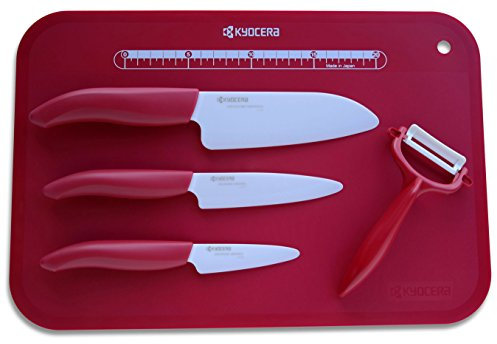 Couteaux Kyocera Ceramique-Couteau Santoku, un couteau utilitaire et un couteau éplucheur céramique Planche à découper-colonel Rouge
