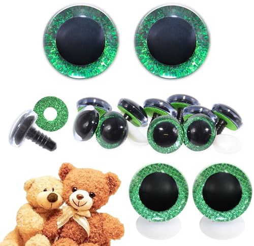 celloexpress 30mm Green 3D Glitter Eyes with Plastic Backs - Sparkle Safety Eyes for Soft Toy Teddy Bear Animal Making (Pack of 1 Pair)