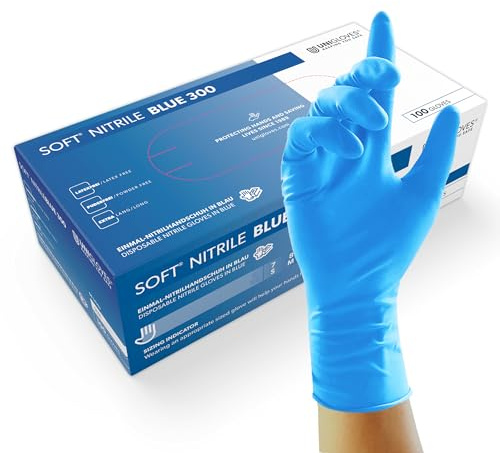 UNIGLOVES - Passgenaue SOFT® NITRIL BLUE 300 Einweghandschuhe | Lebensmittelecht, puderfrei & latexfrei | hohe Festigkeit & Haltbarkeit | extra lang | 100 Stück | Einmalhandschuh M
