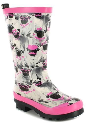 Platino Brandie rubber garden waterproof Girls/kids long leg Wellies cute grey pink Pug Dog printed design pet wellington boots Cotton and textile lining