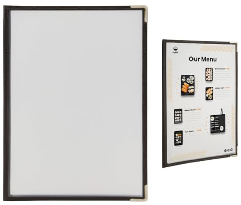Securit Crystal Range Menühalter, A4, mit braunen Kanten, transparent | Doppelseitig - Abwaschbar mit Wasser und Spülmittel - Metallecken für Stabilität