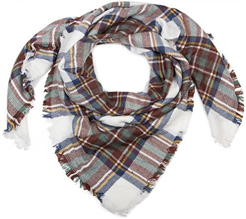 styleBREAKER quadratischer XXL Schal, Deckenschal mit schottischem Tartan Plaid Karo Muster und Fransen, Unisex 01018136, Farbe:Weiß-Blau-Braun