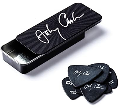 JIM DUNLOP Plektrum Johnny Cash, Signature, Celluloid, Schachtel aus Metall mit 6 Stück, Medium