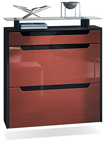 Vladon Schuhschrank Annie, Schuhkipper für 16 Paar Schuhe mit 2 Klappen, 1 Schublade und Glasablage, Schwarz matt/Bordeaux Hochglanz/Schwarz Hochglanz (89 x 96 x 23 cm)