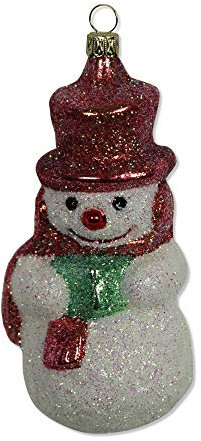 Lauschaer Glas Christbaumschmuck großer Schneemann weiß matt mit Irisglimmer Christbaumschmuck mundgeblasen,handdekoriert